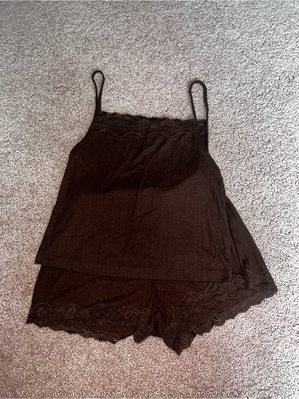 Women's Brown Lace-Trim Pajama Set - Sleeveless Cami & Shorts